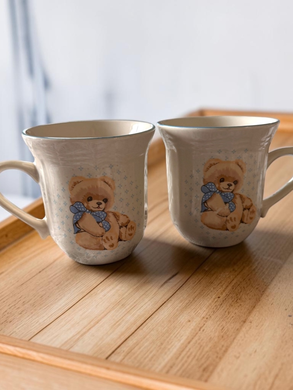 Pair of Vintage Stoneware Mugs with Teddy Bear Design, Cream and Blue Accent